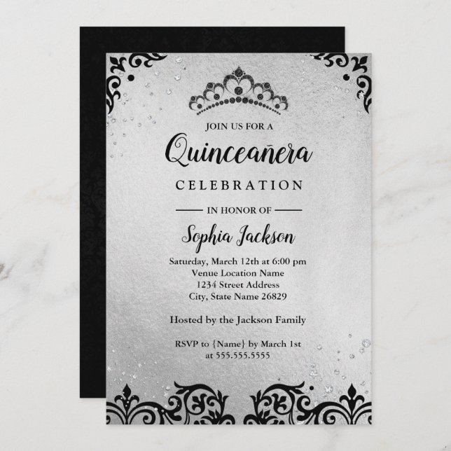 Silver Black Tiara Damask Quinceanera Invitation (Front/Back)