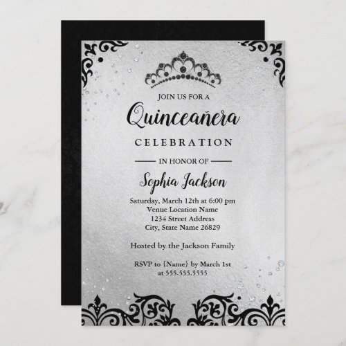 Silver Black Tiara Damask Quinceanera Invitation