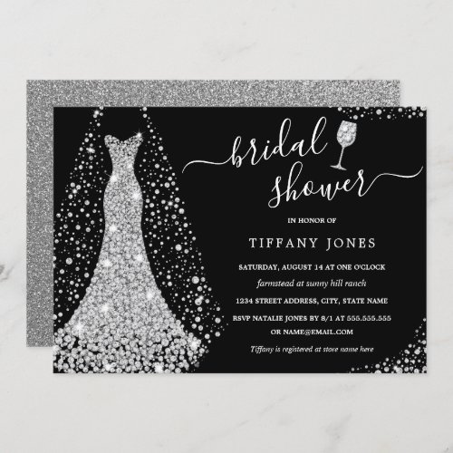 Silver Black Wedding Dress Sparkle Bridal Shower   Invitation