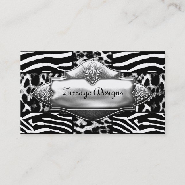 Silver Black White Leopard Zebra Stripe Business Card (Front)