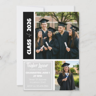 Silver Black White Picture Border Graduation Invitation