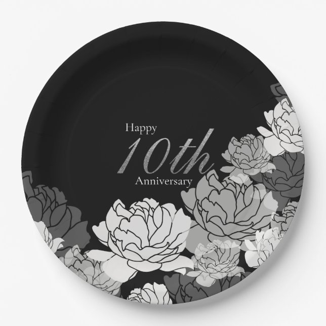 Silver, black & white rose print 10th anniversary paper plates (Front)