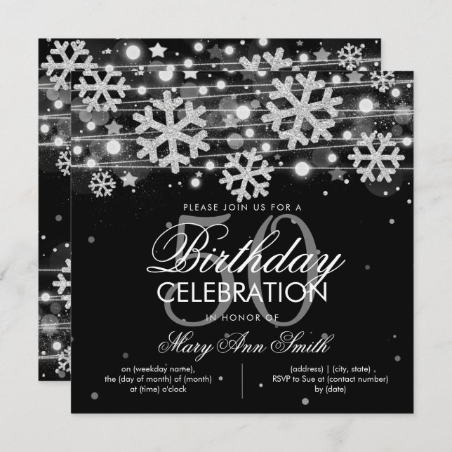 Silver Black Winter Glitter Glam 50th Birthday Invitation (Front/Back)
