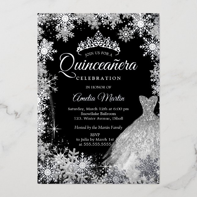 Silver Black Winter Snowflake Quinceanera Foil Invitation (Front)