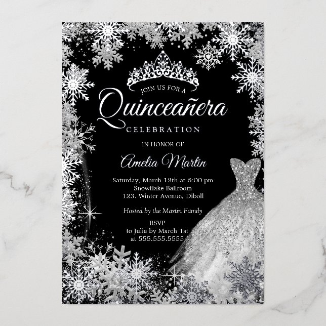Silver Black Winter Snowflake Quinceanera Foil Invitation (Front)