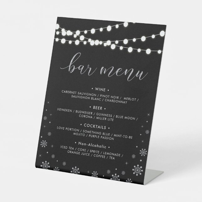 Silver & Black Winter Wedding Shower Bar Menu Pedestal Sign (Front)