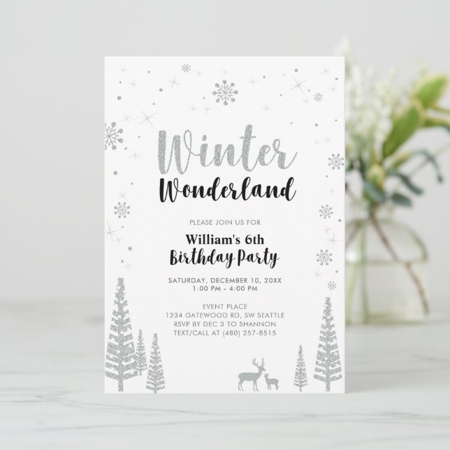 Silver & Black Winter Wonderland Boy Birthday Invitation (Standing Front)
