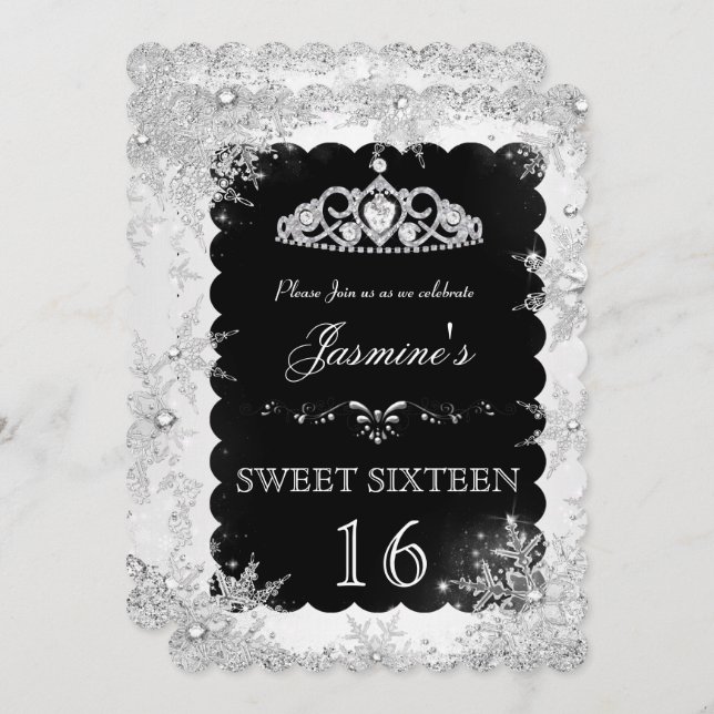 Silver Black Winter Wonderland sweet 16 Invite (Front/Back)