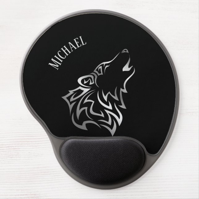 Silver Black Wolf Vector Tirbal Monogram Gel Mouse Pad (Front)