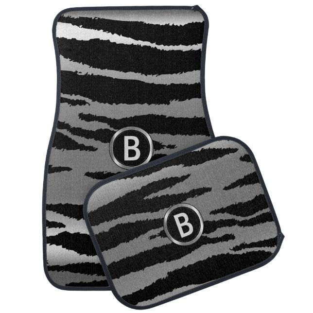 Silver & Black Zebra Animal Pattern | Monogram Car Floor Mat (Set)