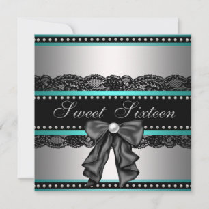 Silver BlackTeal Blue Sweet 16 Birthday Party Invitation