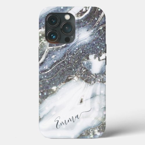 Silver bling glitter custom name script iPhone 13 pro case