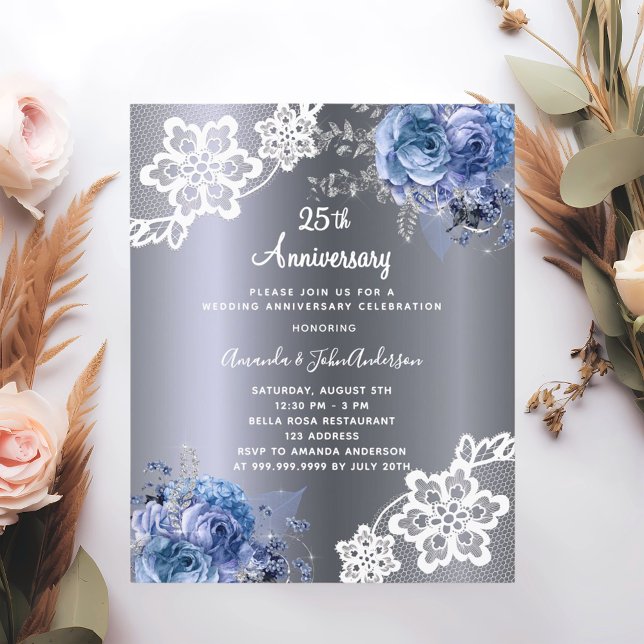 Silver blue 25th wedding anniversary invitation (Creator Uploaded)