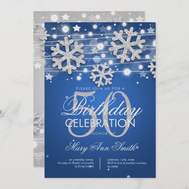 Silver Blue 50th Birthday Party Winter Glitter Invitation (Front/Back)