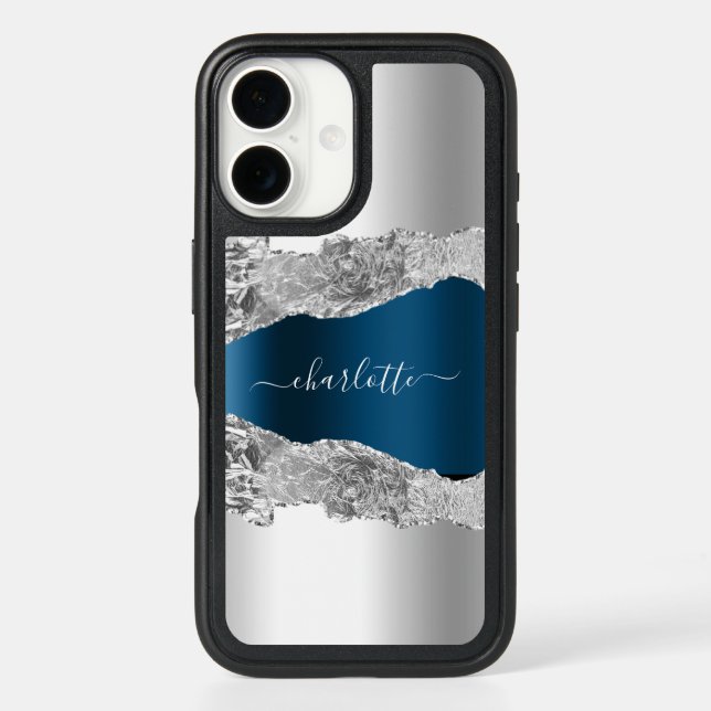 Silver blue agate marble name script font otterbox iPhone case (Back)