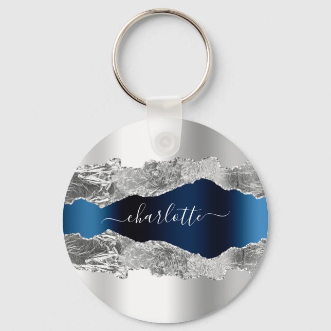 Silver blue agate marble name script keychain (Front)