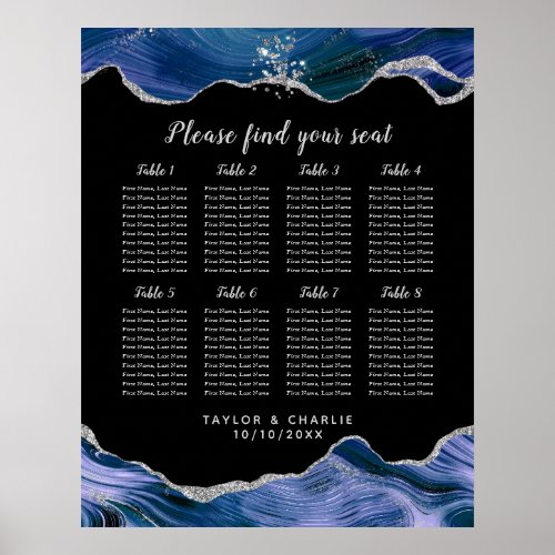 Silver Blue Agate Wedding 8 Tables Seating Chart