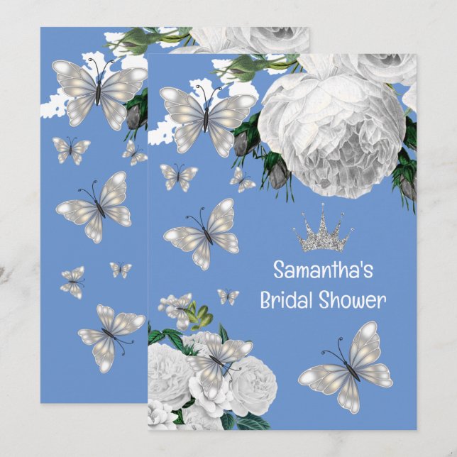 Silver blue and white elegant roses bridal shower invitation (Front/Back)
