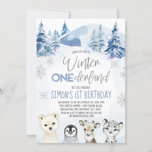 Silver Blue Arctic Winter Onederland Birthday  Invitation