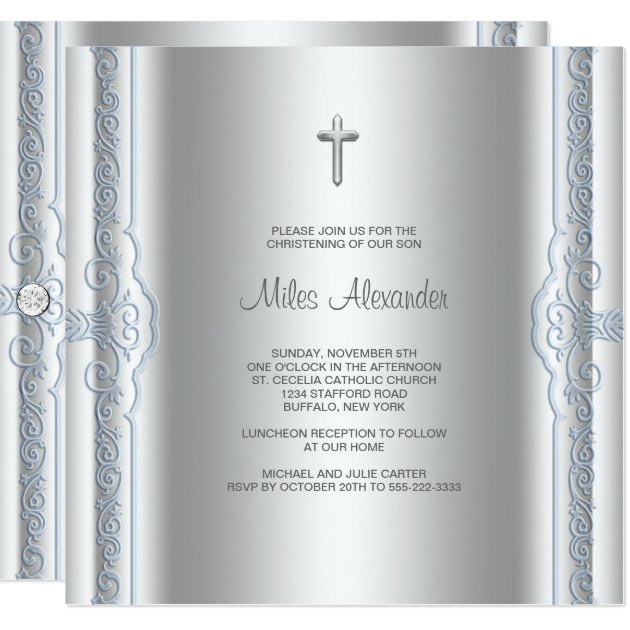 Silver Blue Baby Boy Christening Invitation