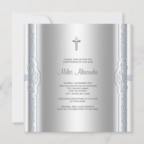 Silver Blue Baby Boy Christening Invitation