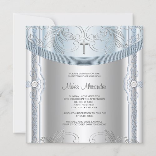 Silver Blue Baby Boy Christening Invitation