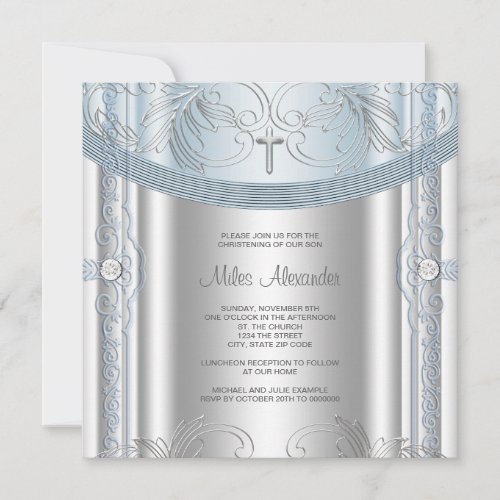 Silver Blue Baby Boy Christening Invitation