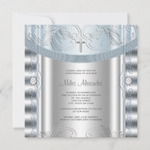 Silver Blue Baby Boy Christening Invitation