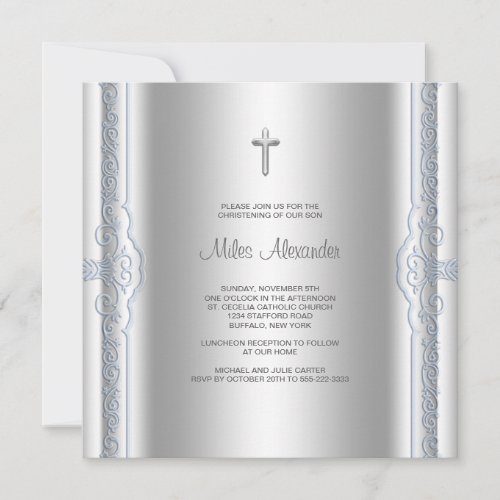 Silver Blue Baby Boy Christening Invitation