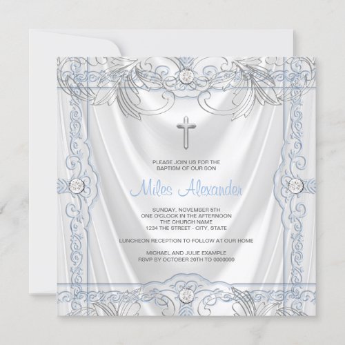 Silver Blue Baby Boy Christening White Satin Invitation