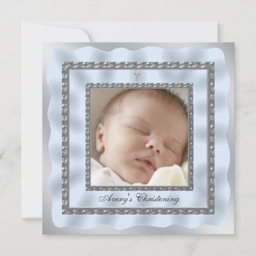 Silver Blue Baby Boy Photo Christening Baptism Invitation