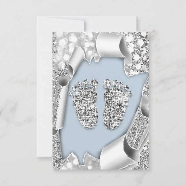 Silver Blue  Baby Shower Feet Boy Glitter Gray Invitation (Back)