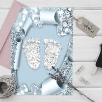 Silver Blue Baby Shower Feet Boy Glitter