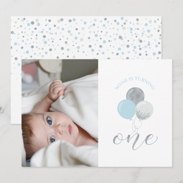 Silver & Blue Balloons | Boy 1st Birthday Party Invitation (Front/Back)