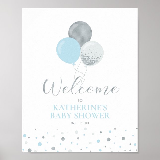 Silver & Blue Balloons | Boy Baby Shower Welcome Poster (Front)