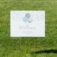 Silver, Blue Balloons Boy Baby Shower Welcome Sign