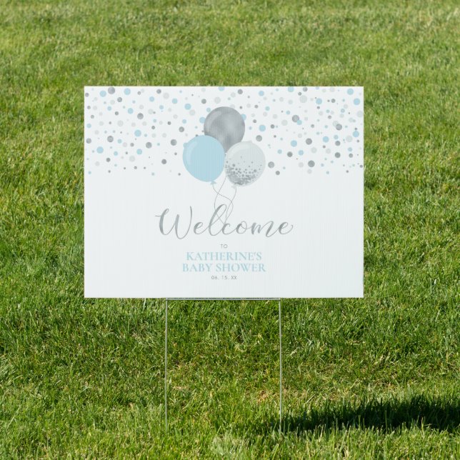 Silver, Blue Balloons Boy Baby Shower Welcome Sign (Insitu)