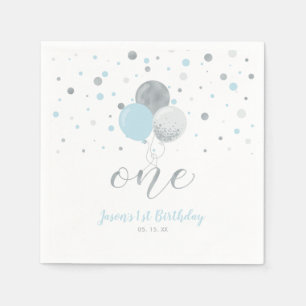 Silver & Blue Balloons Confetti Boy 1st Birthday Napkins