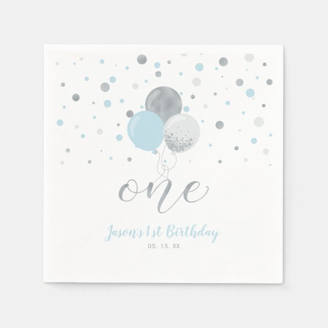 Silver & Blue Balloons Confetti Boy 1st Birthday Napkins (Front)