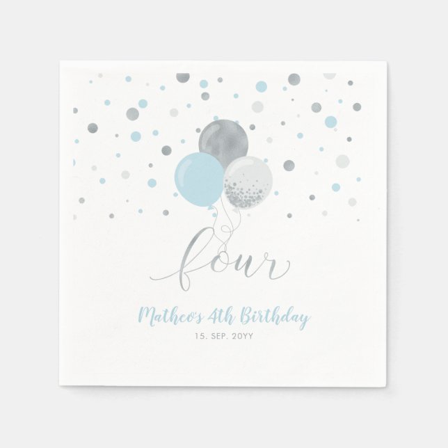 Silver & Blue Balloons Confetti Boy 4th Birthday N Napkins (Front)