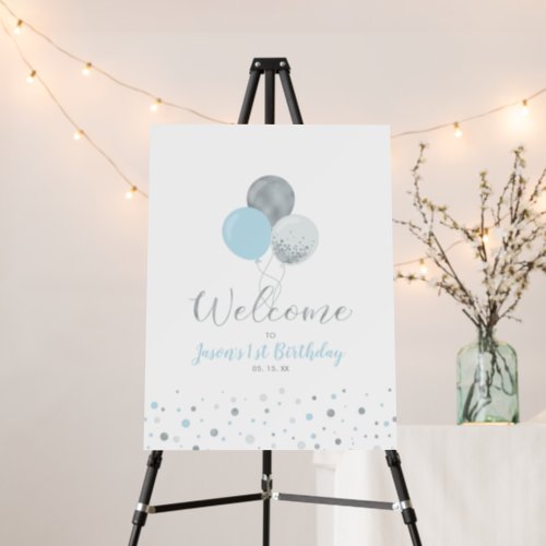 Silver  Blue Balloons  Girl 1st Birthday Welcome Foam Board