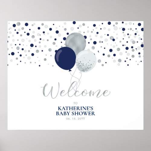 Silver  Blue Balloons Modern Baby Shower Welcome  Poster