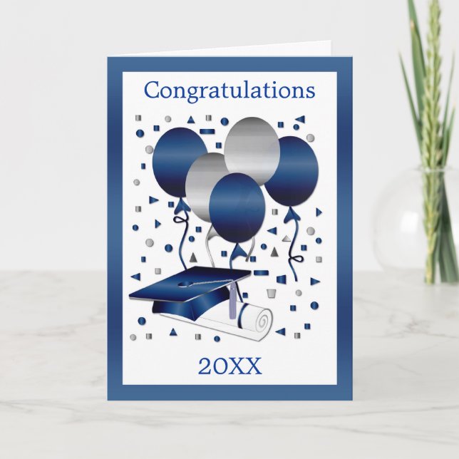Silver blue balloons, mortar and diploma Graduatio Card (Front)