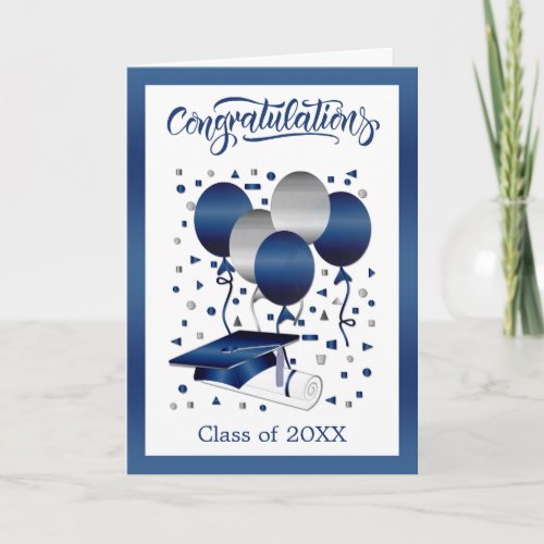 Silver Blue Balloons Mortar Cap Diploma Graduation Card