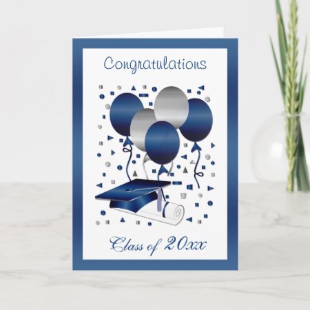 Silver Blue Balloons, Mortar & Diploma Graduation Card