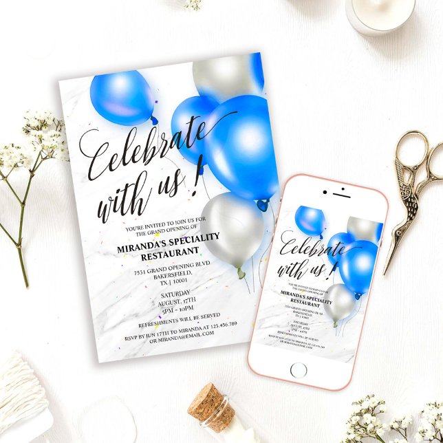 Silver Blue Balloons Ribbon Cutting Grand Opening Invitation (Creator Uploaded)