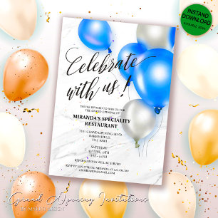 Silver Blue Balloons Ribbon Cutting Grand Opening Invitation