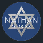 Silver Blue Bar Mitzvah Star of David Custom Classic Round Sticker<br><div class="desc">Elegant modern blue and silver classic bar mitzvah stickers with custom name, date and Star of David design. These bar mitzvah favor tag stickers are stylish and classy envelope seals, or on DIY bar and bat mitzvah party decor projects. Click CUSTOMIZE FURTHER to edit background and text color, font or...</div>