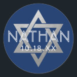 Silver Blue Bar Mitzvah Star of David Custom Classic Round Sticker<br><div class="desc">Elegant modern blue and silver classic bar mitzvah stickers with custom name, date and Star of David design. These bar mitzvah favor tag stickers are stylish and classy envelope seals, or on DIY bar and bat mitzvah party decor projects. Click CUSTOMIZE FURTHER to edit background and text color, font or...</div>