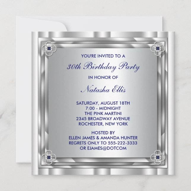 Silver Blue Birthday Party Invitation Template (Front)